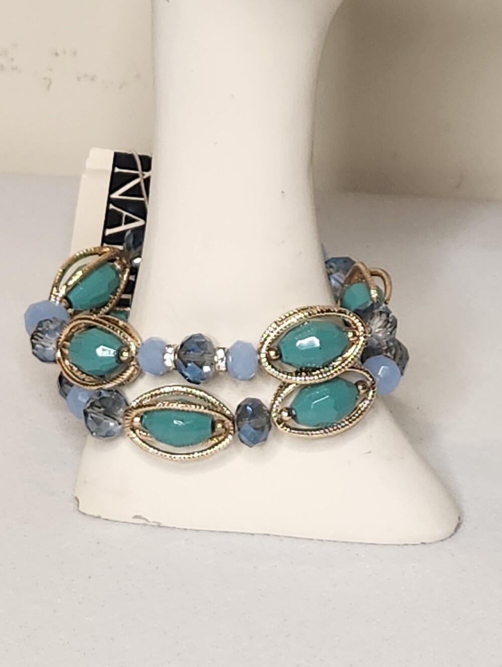 Napier Necklace & Bracelet Set Gold Tone Oval Chain Links Sea Green Blue Beads - Picture 2 of 16